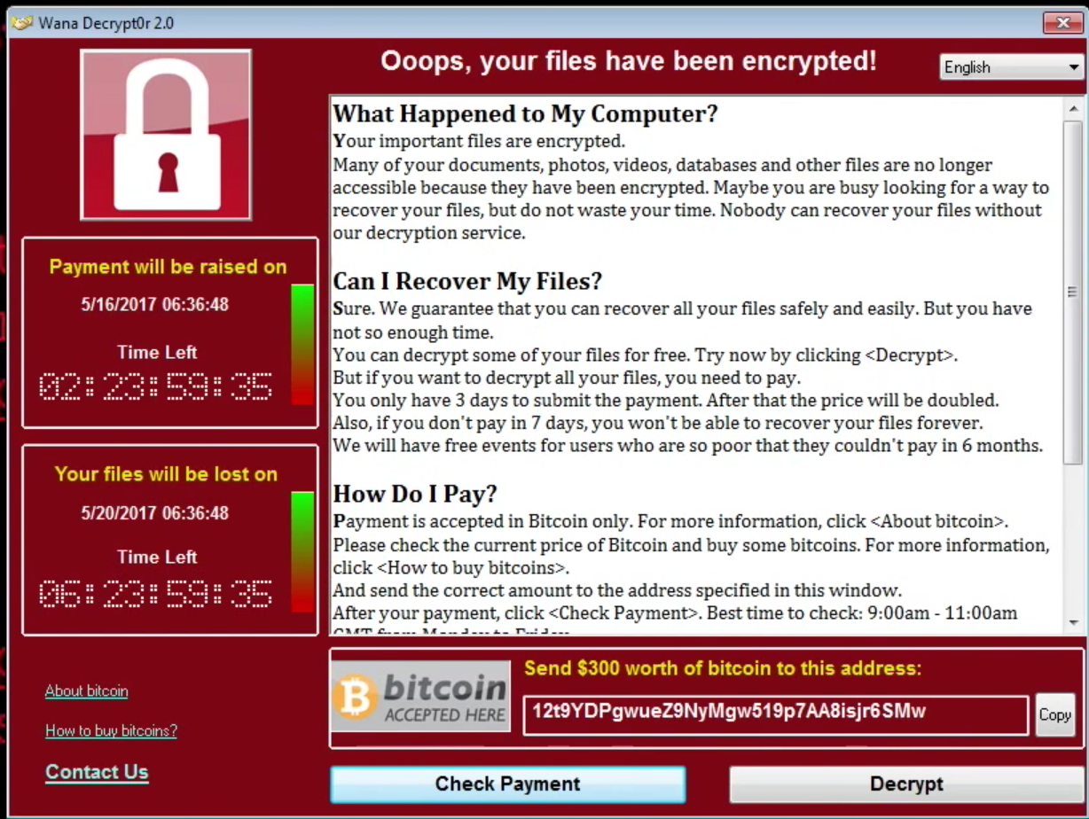 A screenshot image of WannaCry the biggest ransomware offensive in the history of cyber security. 