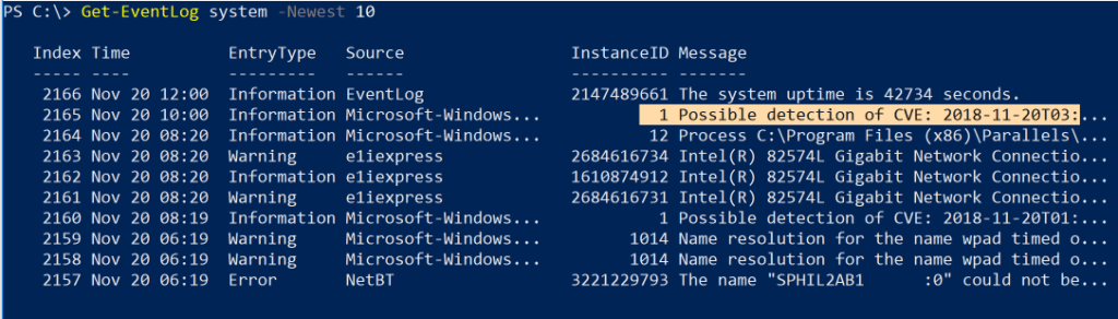 A screenshot image of Window's Get-EventLog scripts 