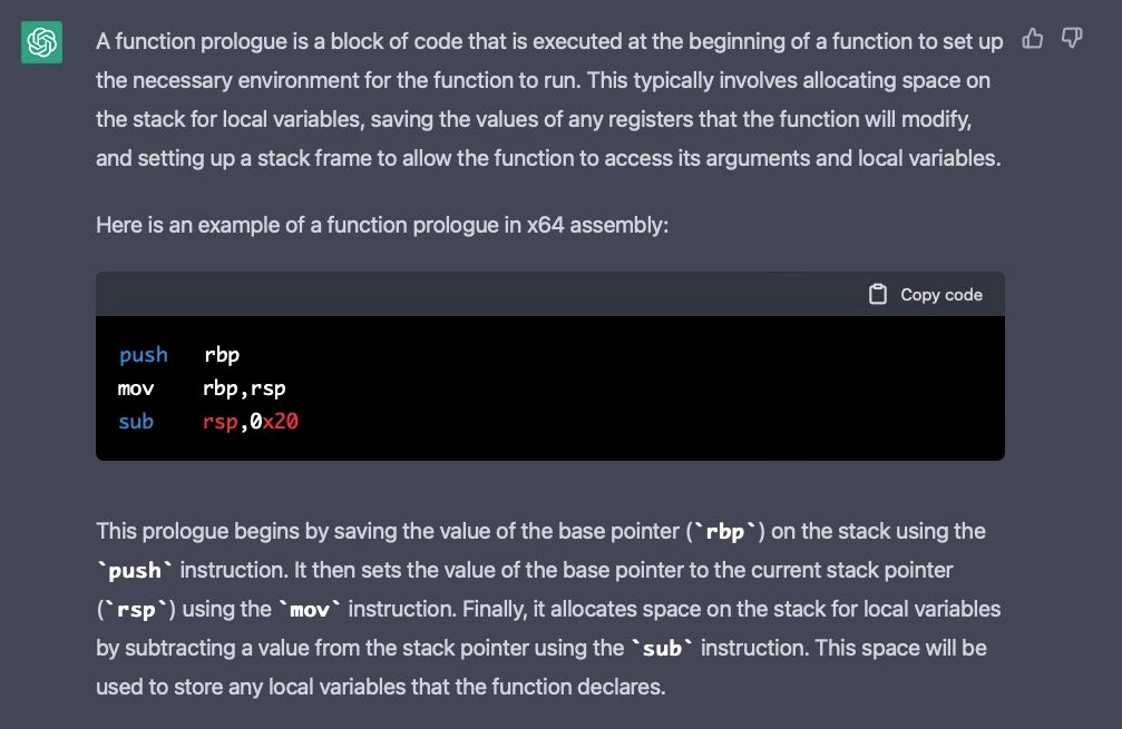 ChatGPT discusses function prologues