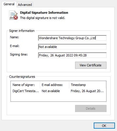 The digital signature of PDFelement.exe