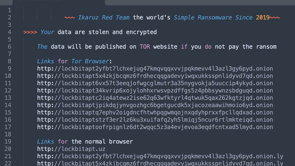 A standard LockBit ransomware note modified by Ikaruz Red Team