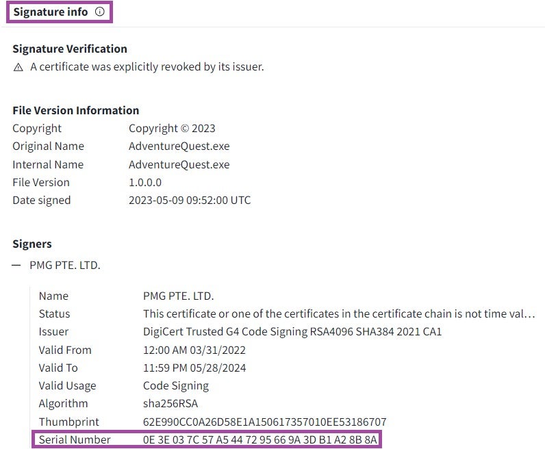 The signature_info attribute (in the web analysis report for AdventureQuest.exe)