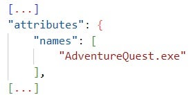 The names attribute (in the file object for AdventureQuest.exe)