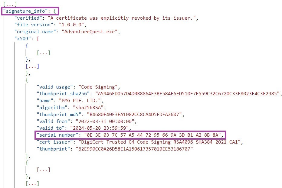 The signature_info attribute (in the file object for AdventureQuest.exe)