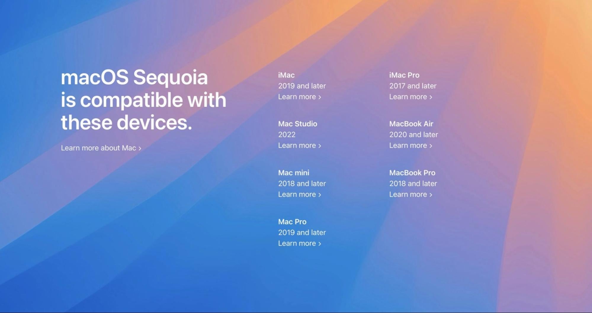 Mac devices compatible with macOS Sequoia (Source: Apple)