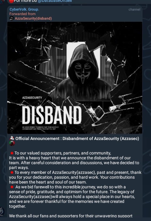 AzzaSec “disbandment” announcement, August 2024