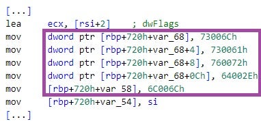 bK2o.exe constructs the string lsasrv.dll on the stack