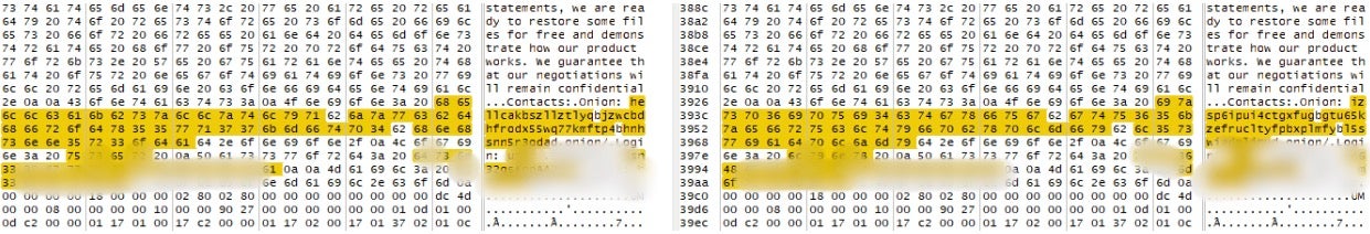 Zoomed in comparison of payload binaries (differences highlighted)