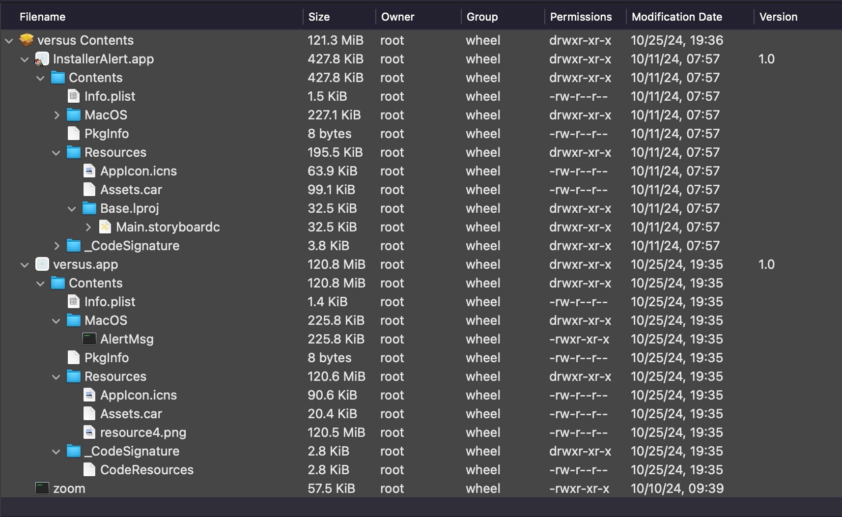 File contents of the FlexibleFerret dropper, versus.pkg 